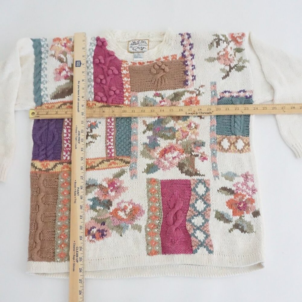 Vintage Heirloom Collectibles Floral Patchwork Cottage Knit Sweater Ivory Pink L - Picture 3 of 12